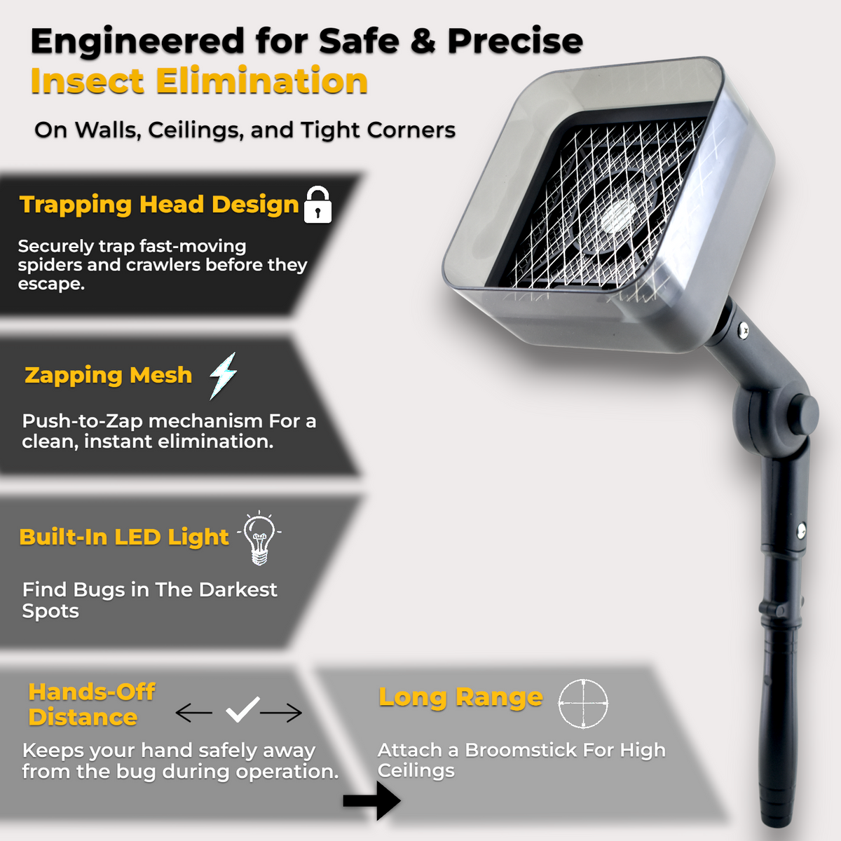 Crawler Buster product features and specifications including electric grid, trapping head, LED, adjustable head, and USB-C charging