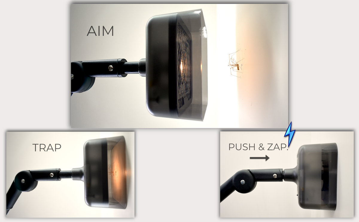 Crawler Buster three-step process showing aim, trap, and push and zap