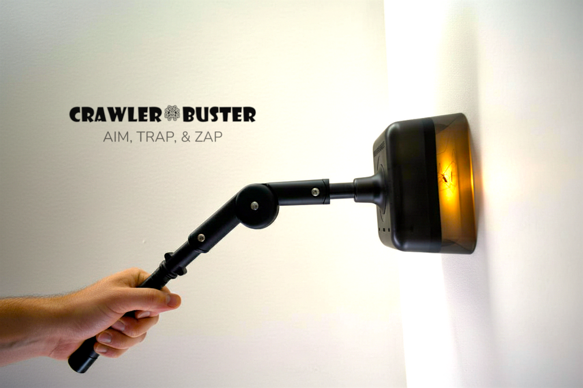 Crawler Buster handheld crawling insect zapper with Aim, Trap & Zap branding