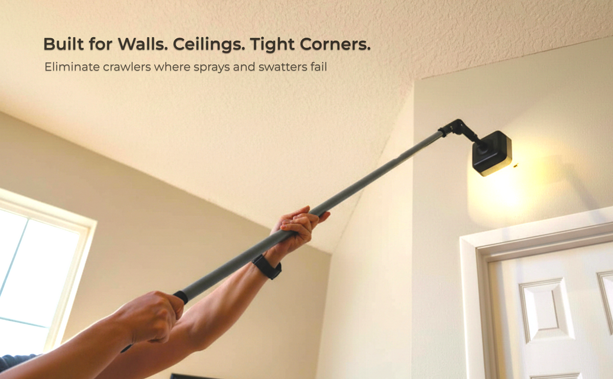 Crawler Buster attached to a broomstick for extended reach when dealing with crawling insects